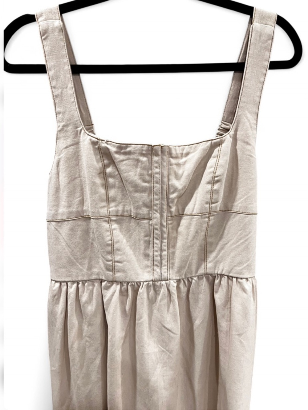 Cotton Neutral Lone Star Square-Neck Midi Dress with Gathered Skirt
